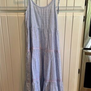 Blue / white seersucker dress with pink trim